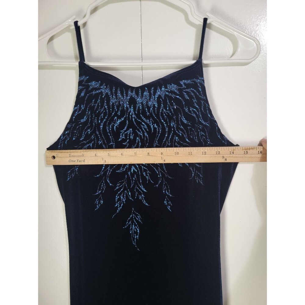 VTG y2k 90s Blue Velvet Long Length Dress Slit Sparkle Flames Whimsigoth SZ M - Picture 5 of 9
